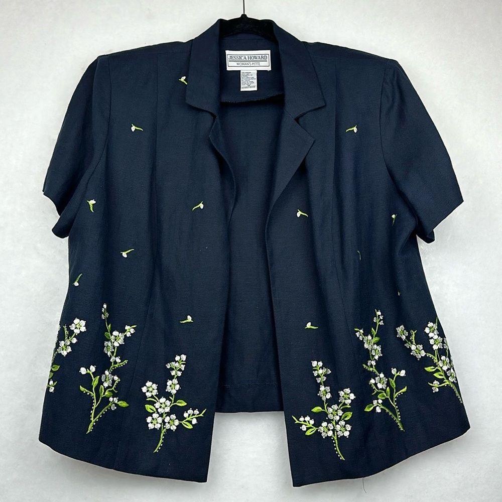 Jessica Howard Embroidered Floral Dark Blue Linen Blend Jacket Petite Sz 18